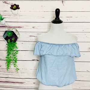 Light Blue Chambray Denim Off Shoulder Ruffle Crop Top Size Small
